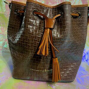 Dooney and Bourke bucket bag large croc print brown tassels brown straps tan